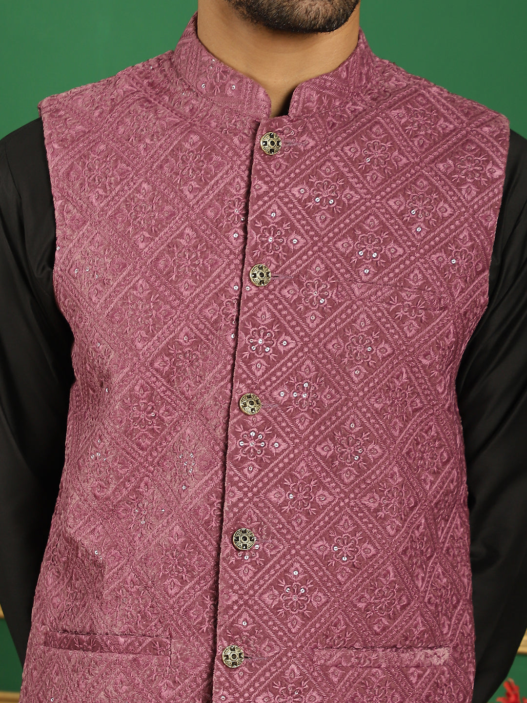 Men's Velvet Nehru Jacket With Solid Kurta Pyjama - Taantav