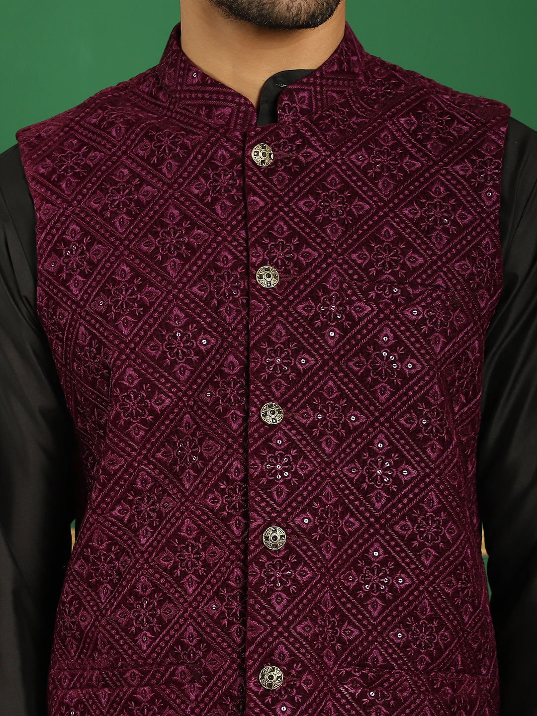 Men's Velvet Nehru Jacket With Solid Kurta Pyjama - Taantav