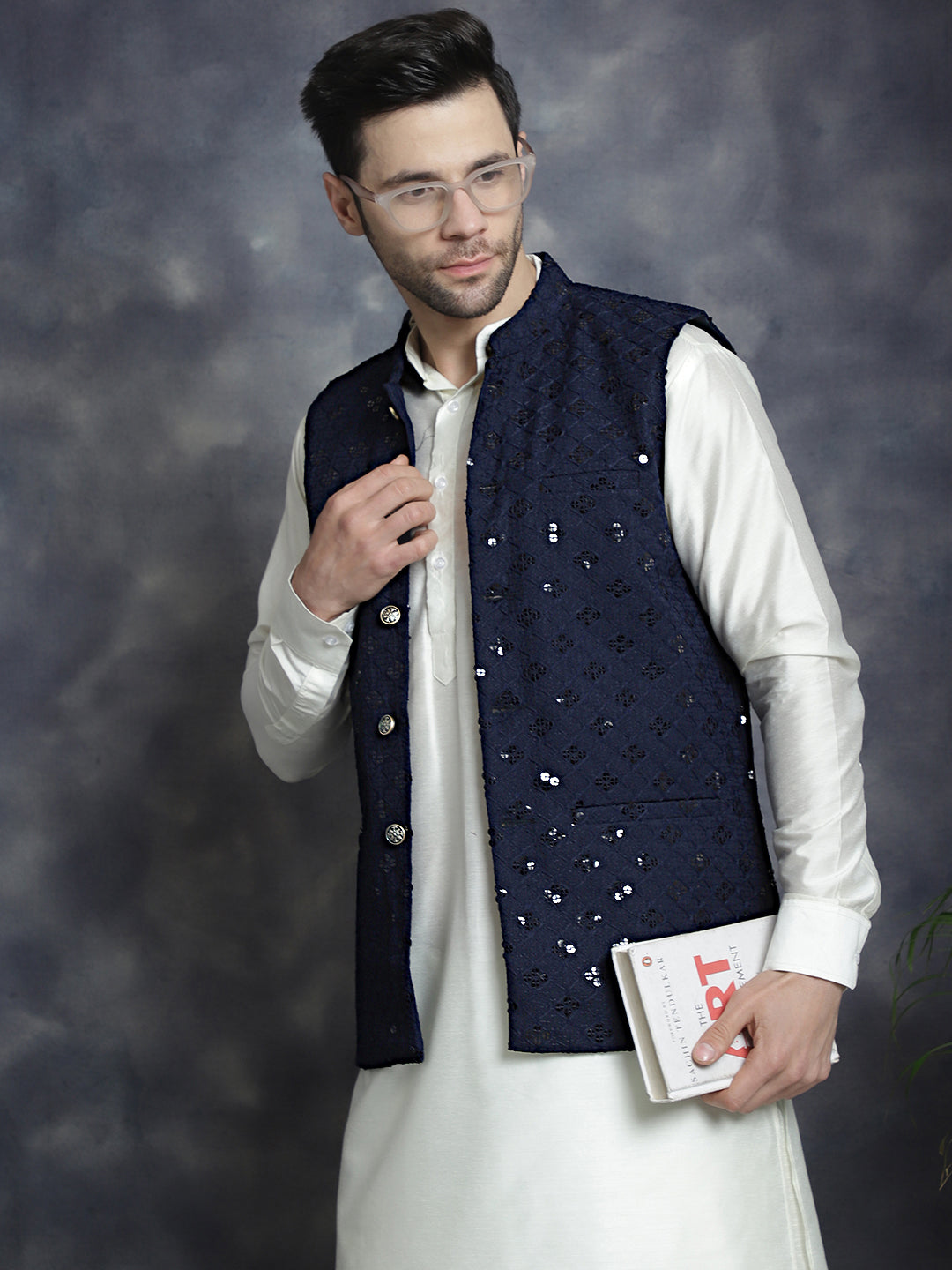 Men's Sequins and Embroidered Nehru Jacket With Solid Kurta Pyjama - Taantav