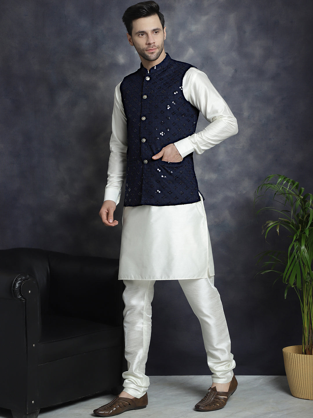 Men's Sequins and Embroidered Nehru Jacket With Solid Kurta Pyjama - Taantav