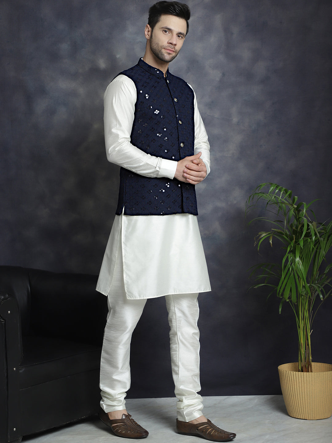 Men's Sequins and Embroidered Nehru Jacket With Solid Kurta Pyjama - Taantav