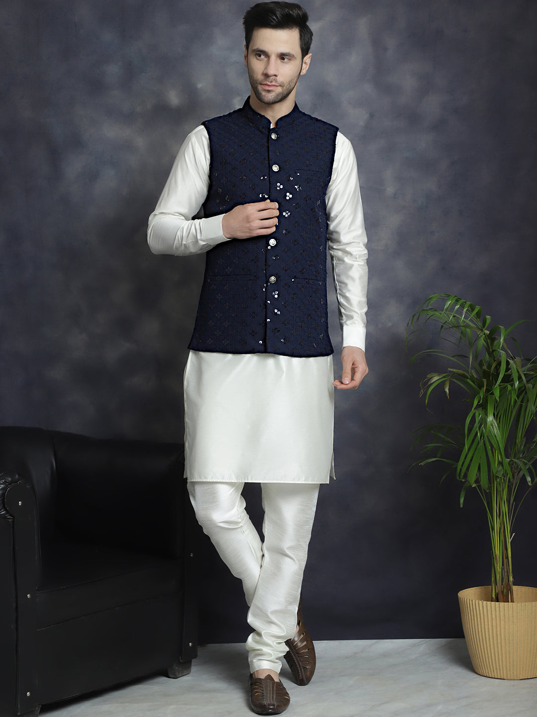 Men's Sequins and Embroidered Nehru Jacket With Solid Kurta Pyjama - Taantav