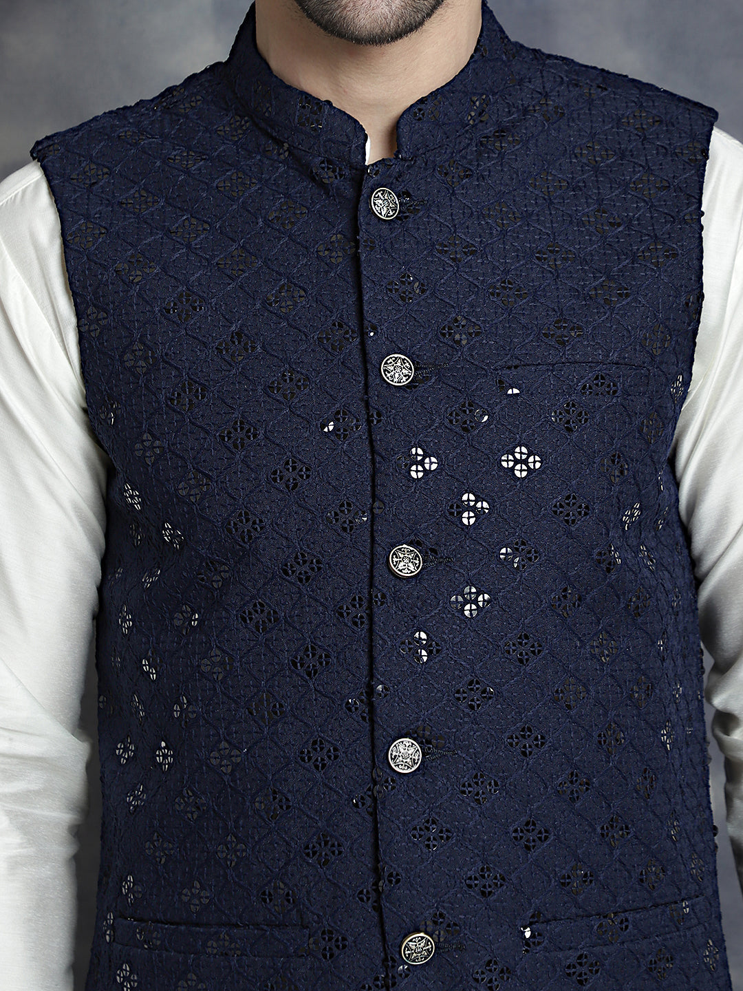 Men's Sequins and Embroidered Nehru Jacket With Solid Kurta Pyjama - Taantav