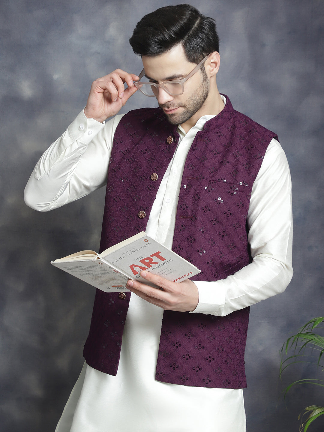 Men's Sequins and Embroidered Nehru Jacket With Solid Kurta Pyjama - Taantav