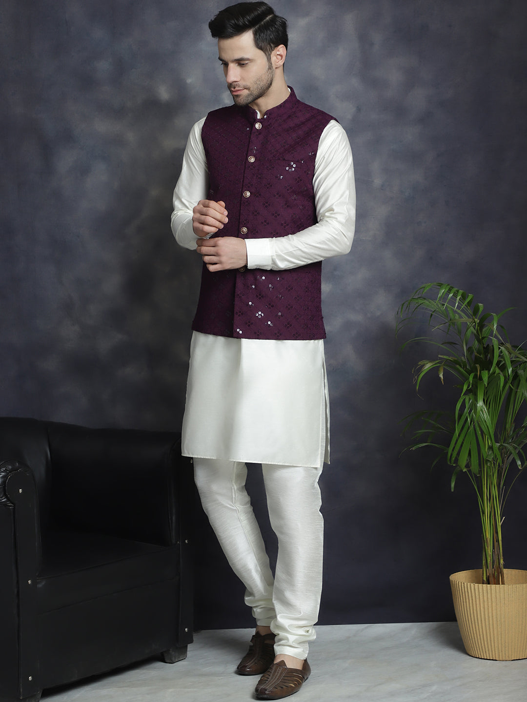 Men's Sequins and Embroidered Nehru Jacket With Solid Kurta Pyjama - Taantav