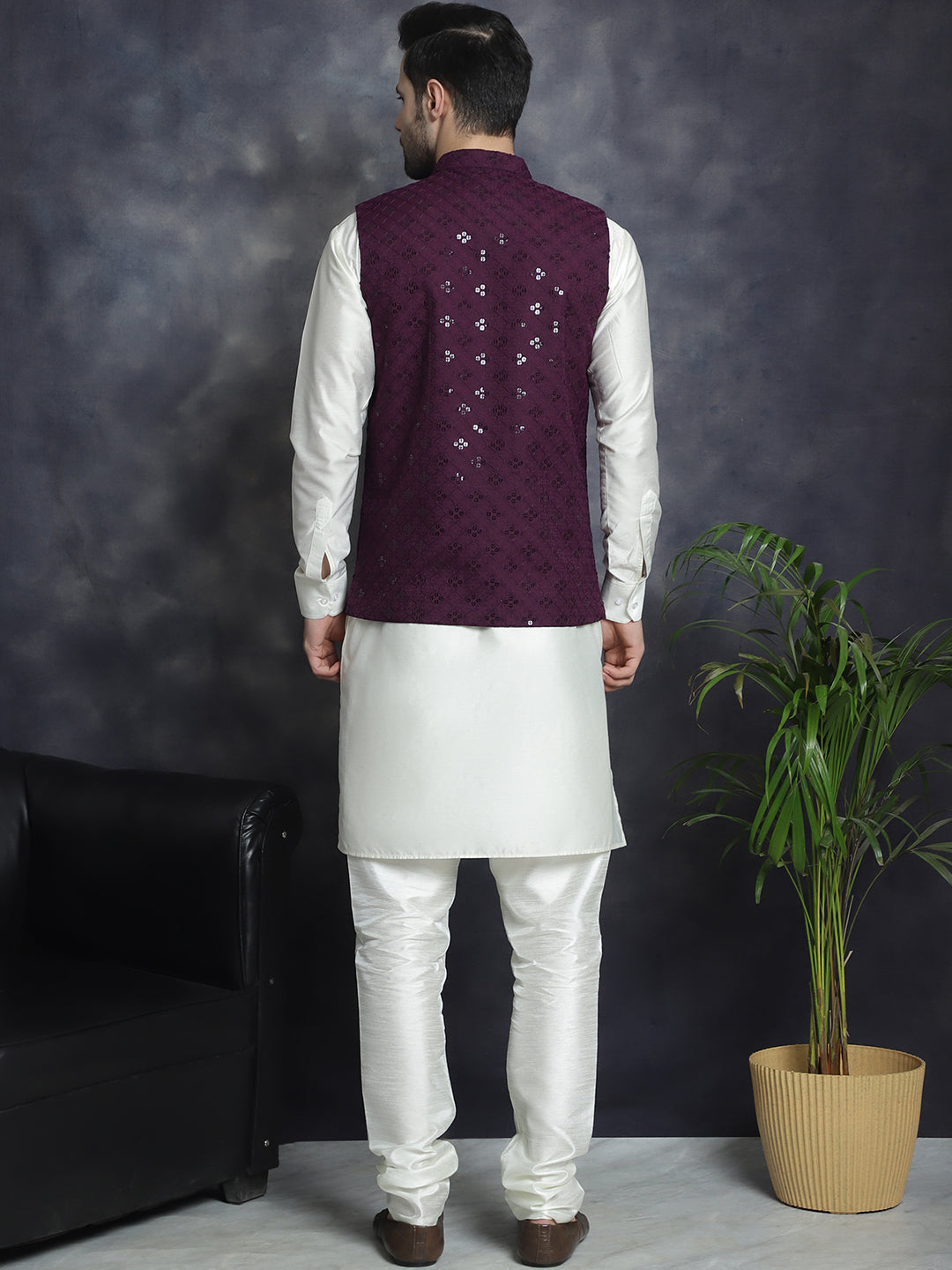 Men's Sequins and Embroidered Nehru Jacket With Solid Kurta Pyjama - Taantav