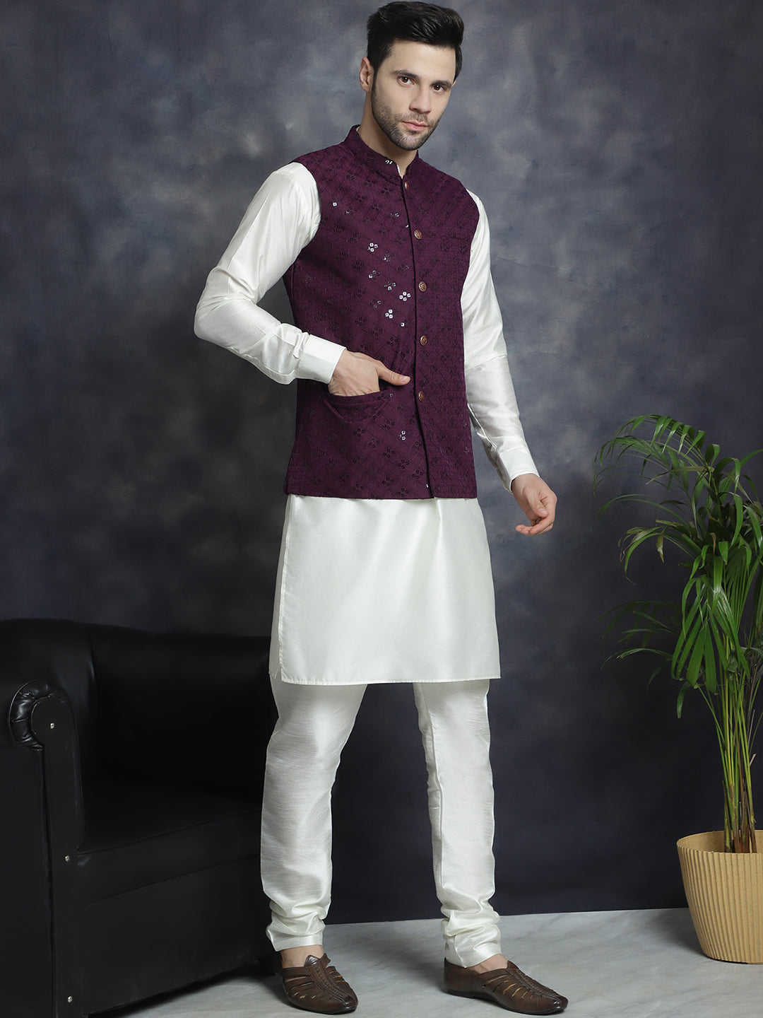 Men's Sequins and Embroidered Nehru Jacket With Solid Kurta Pyjama - Taantav