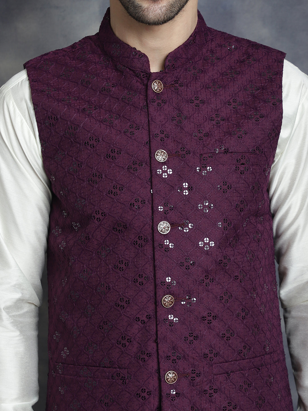 Men's Sequins and Embroidered Nehru Jacket With Solid Kurta Pyjama - Taantav