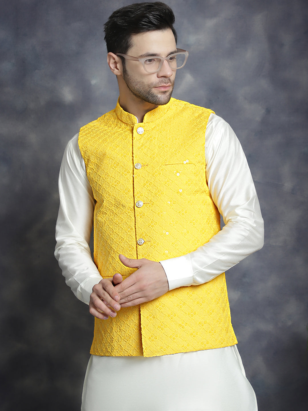 Men's Sequins and Embroidered Nehru Jacket With Solid Kurta Pyjama - Taantav