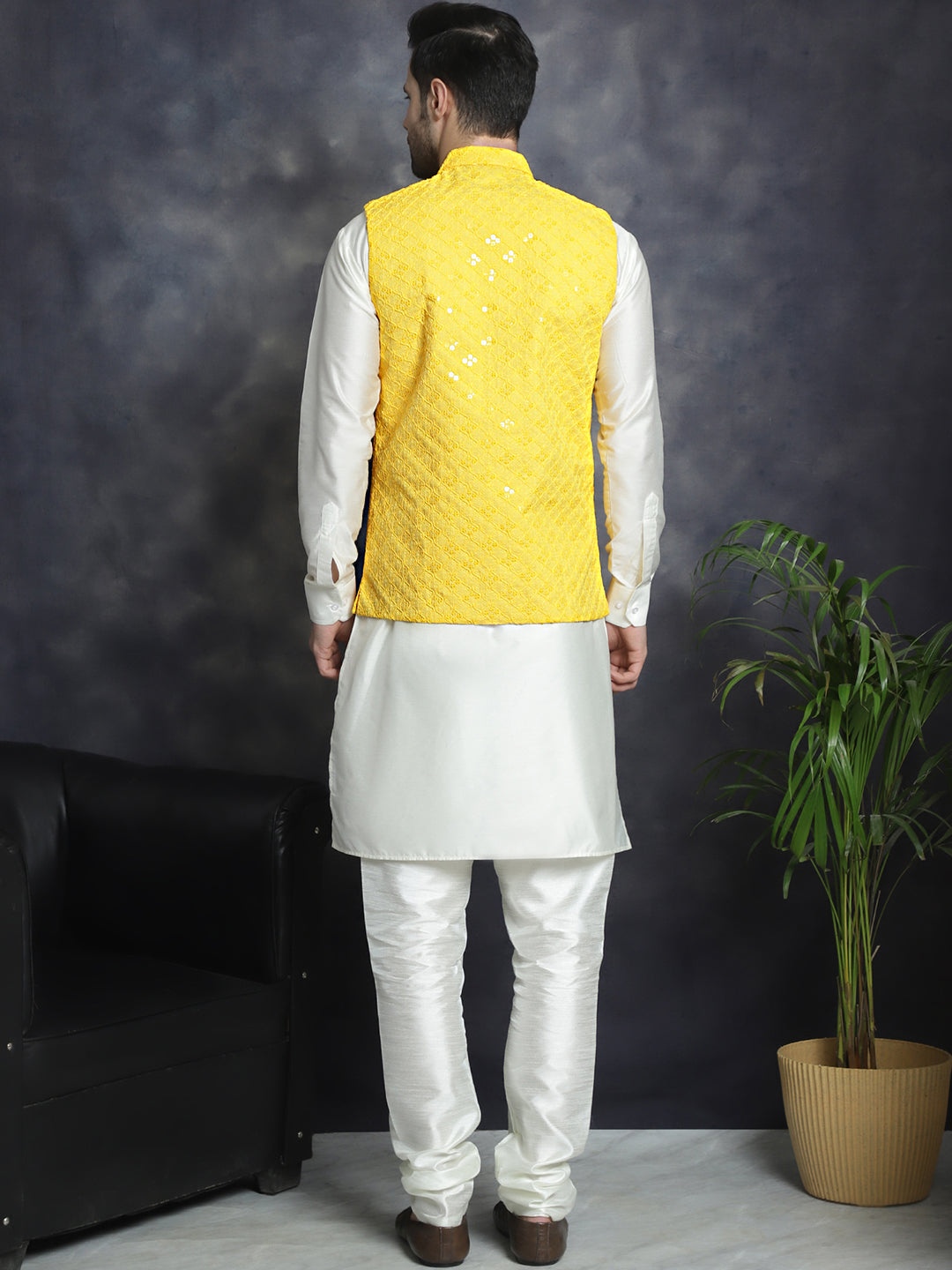 Men's Sequins and Embroidered Nehru Jacket With Solid Kurta Pyjama - Taantav