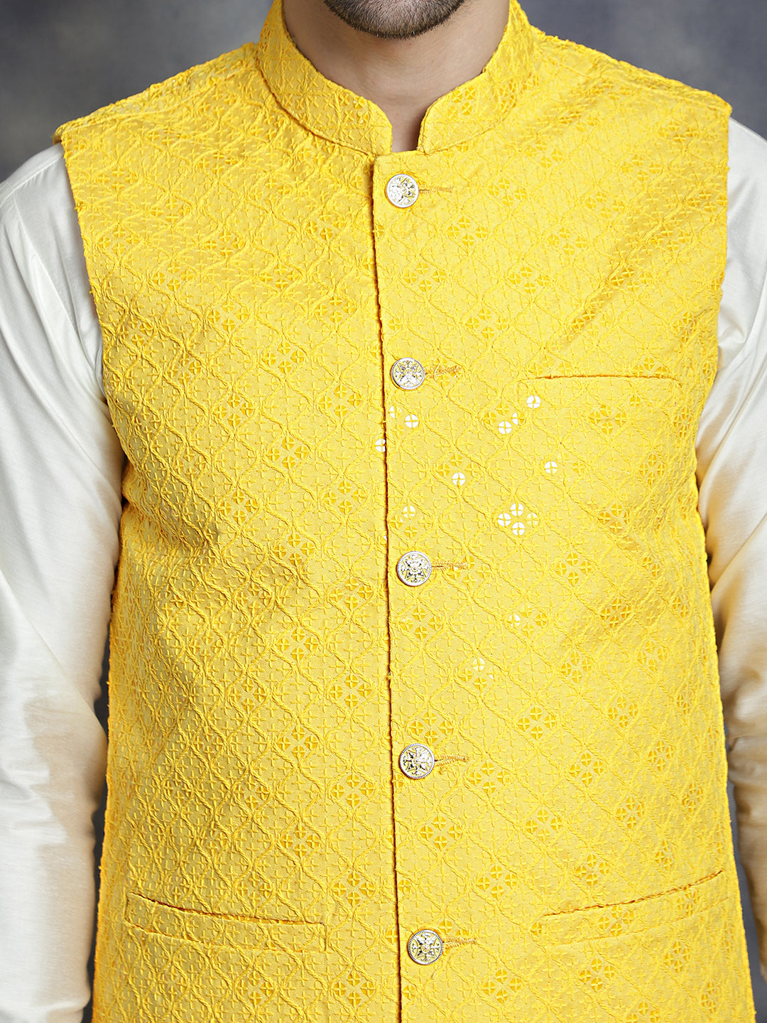 Men's Sequins and Embroidered Nehru Jacket With Solid Kurta Pyjama - Taantav