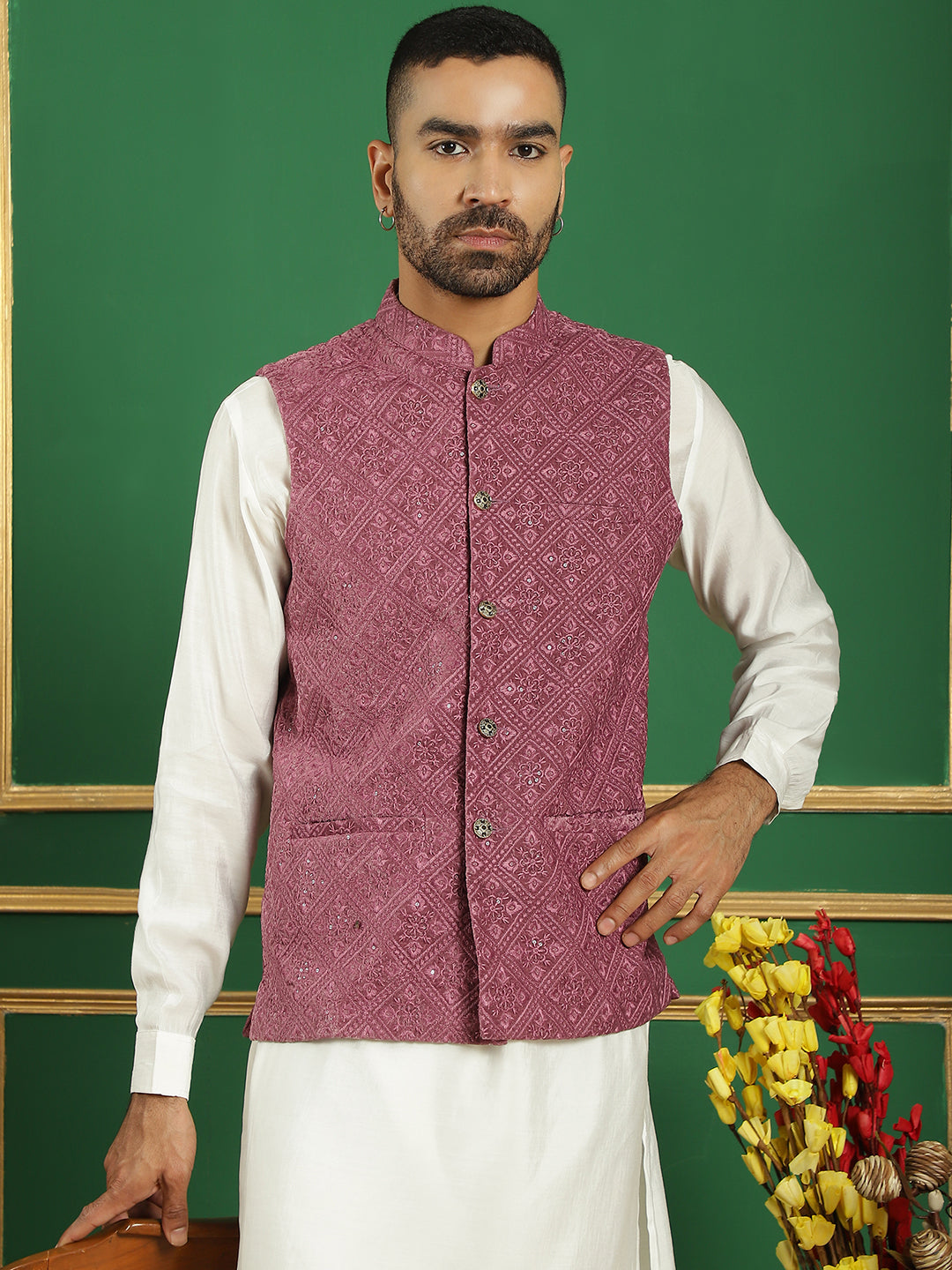 Men's Velvet Nehru Jacket With Solid Kurta Pyjama - Taantav