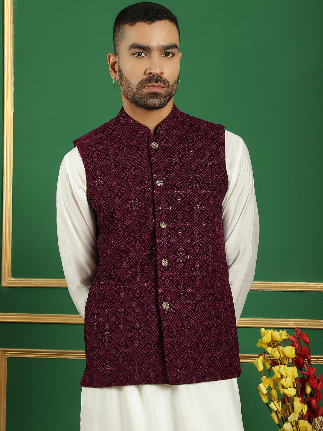 Men's Velvet Nehru Jacket With Solid Kurta Pyjama - Taantav