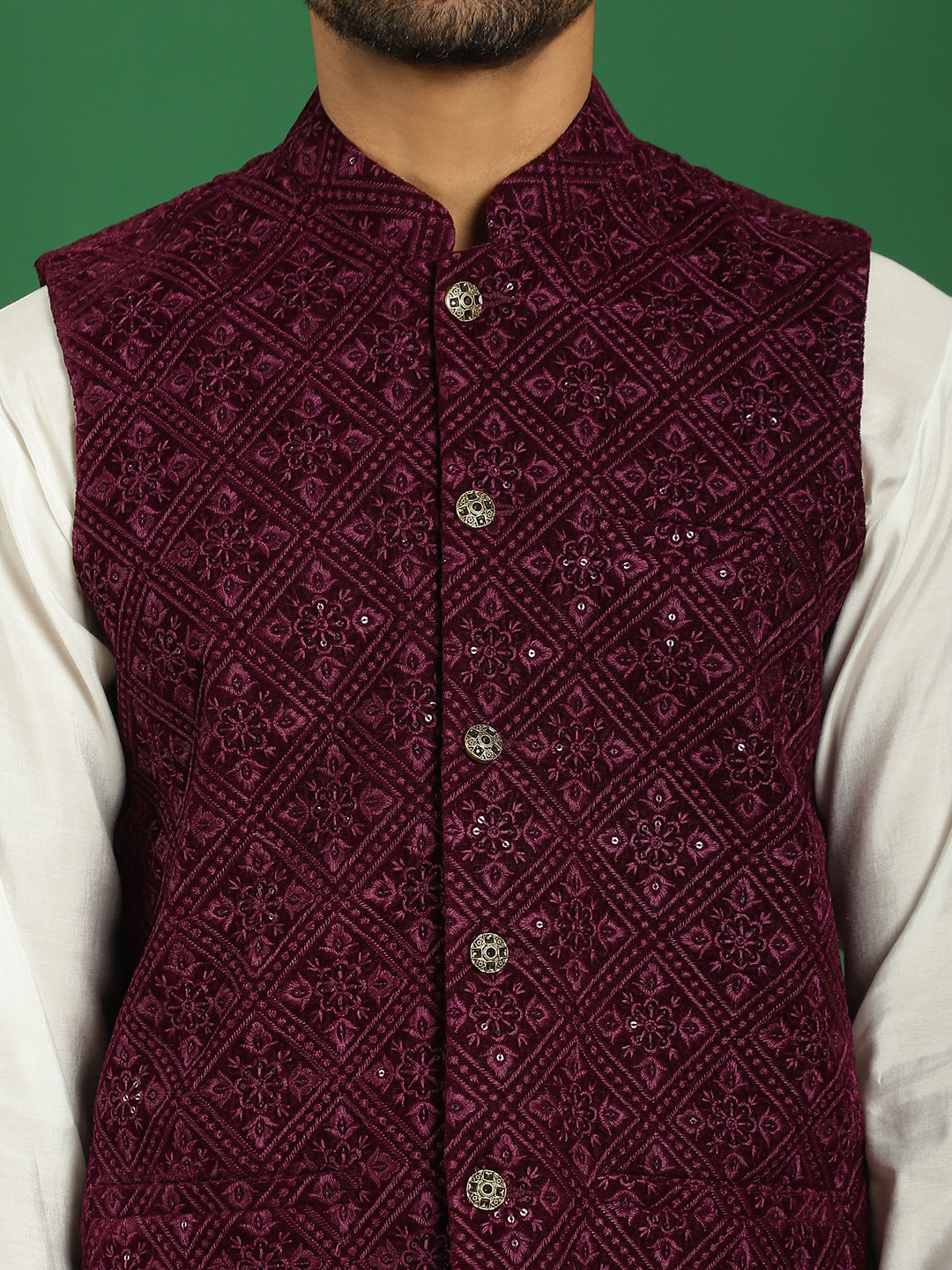 Men's Velvet Nehru Jacket With Solid Kurta Pyjama - Taantav