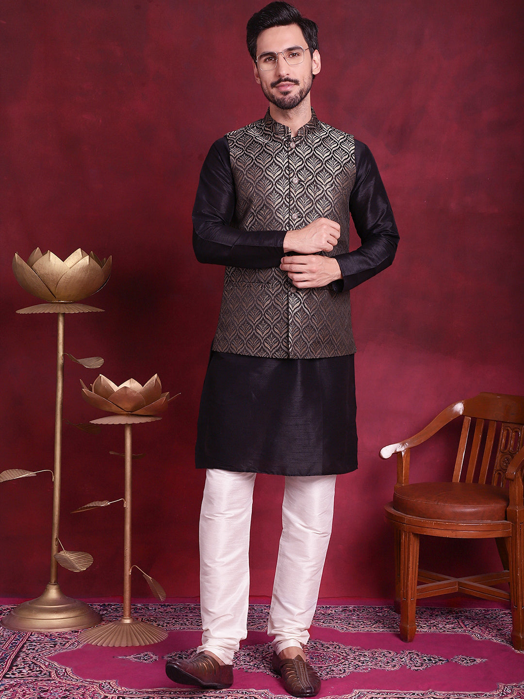 Men's Woven Design Nehru Jacket With Kurta Pyjama Set - Taantav