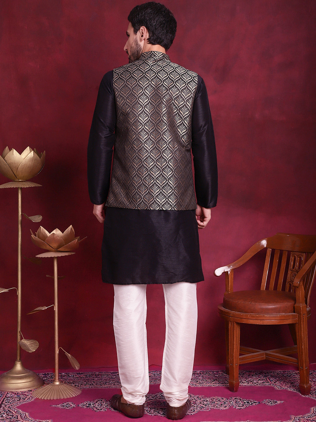 Men's Woven Design Nehru Jacket With Kurta Pyjama Set - Taantav