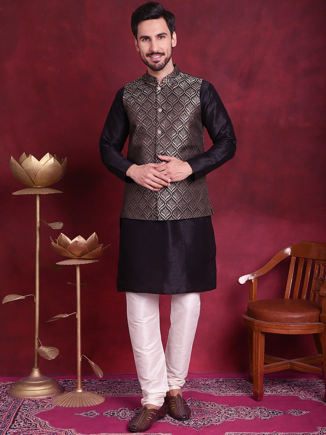 Men's Woven Design Nehru Jacket With Kurta Pyjama Set - Taantav