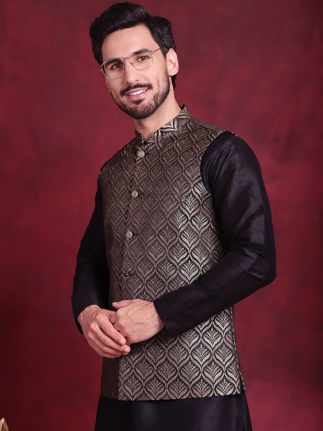 Men's Woven Design Nehru Jacket With Kurta Pyjama Set - Taantav