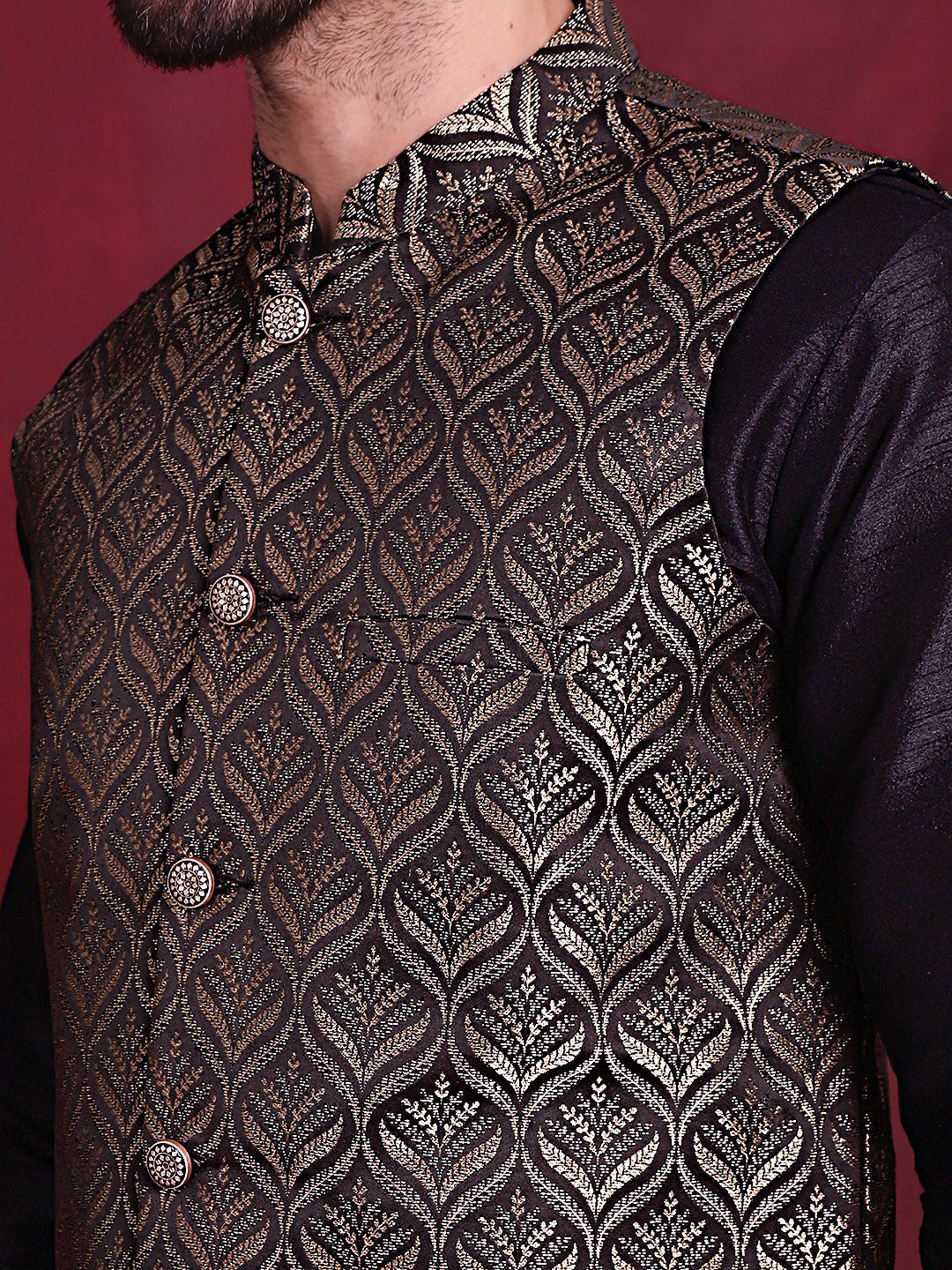 Men's Woven Design Nehru Jacket With Kurta Pyjama Set - Taantav