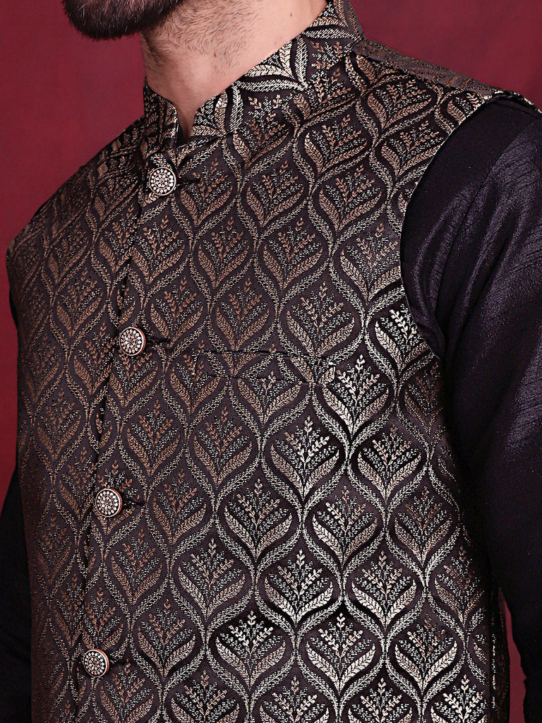 Men's Woven Design Nehru Jacket With Kurta Pyjama Set