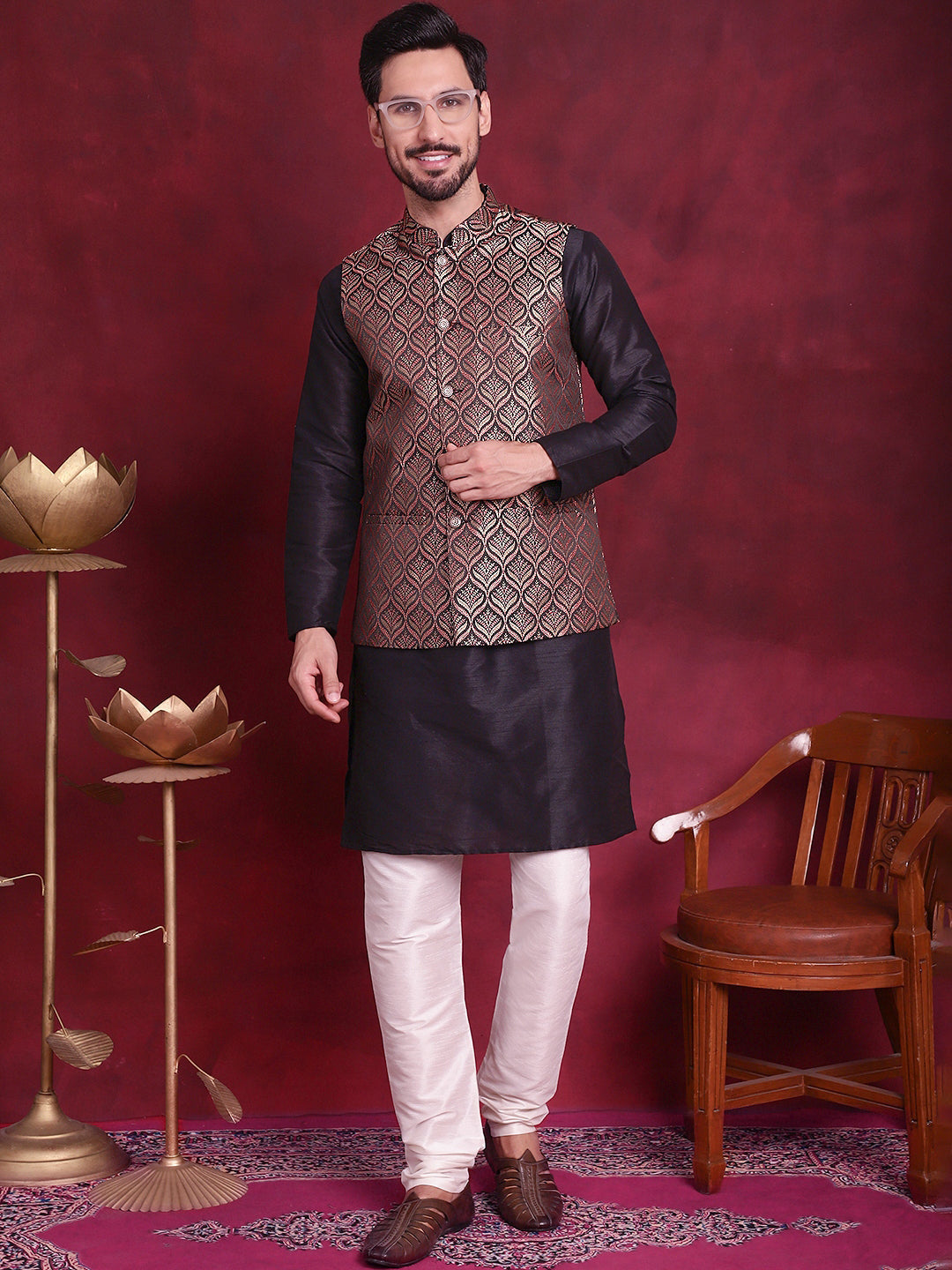 Men's Woven Design Nehru Jacket With Kurta Pyjama Set - Taantav