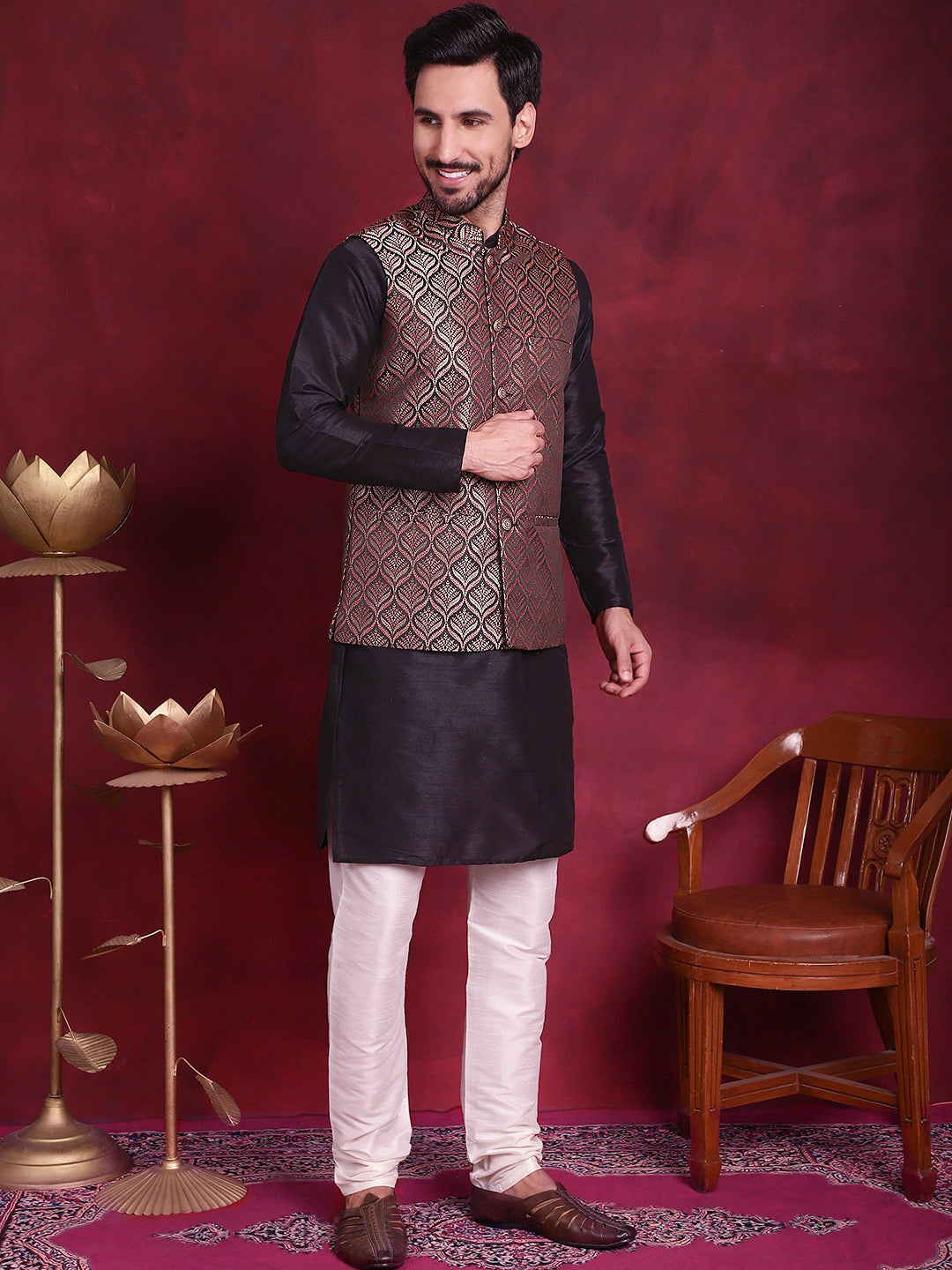 Men's Woven Design Nehru Jacket With Kurta Pyjama Set - Taantav