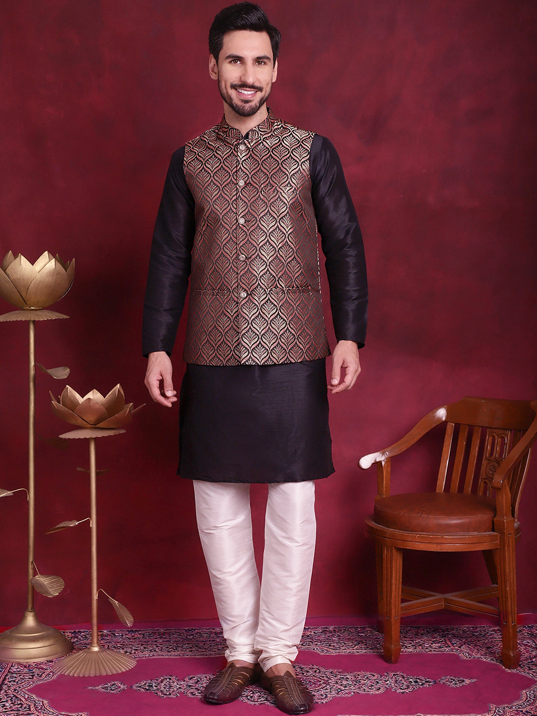 Men's Woven Design Nehru Jacket With Kurta Pyjama Set - Taantav