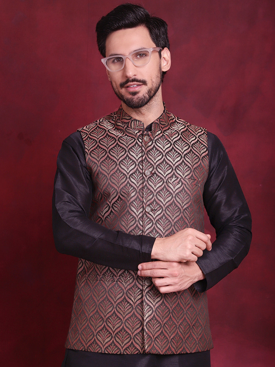 Men's Woven Design Nehru Jacket With Kurta Pyjama Set - Taantav