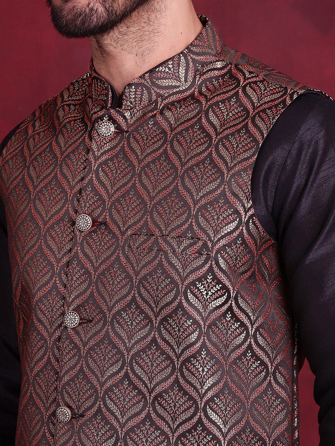 Men's Woven Design Nehru Jacket With Kurta Pyjama Set - Taantav