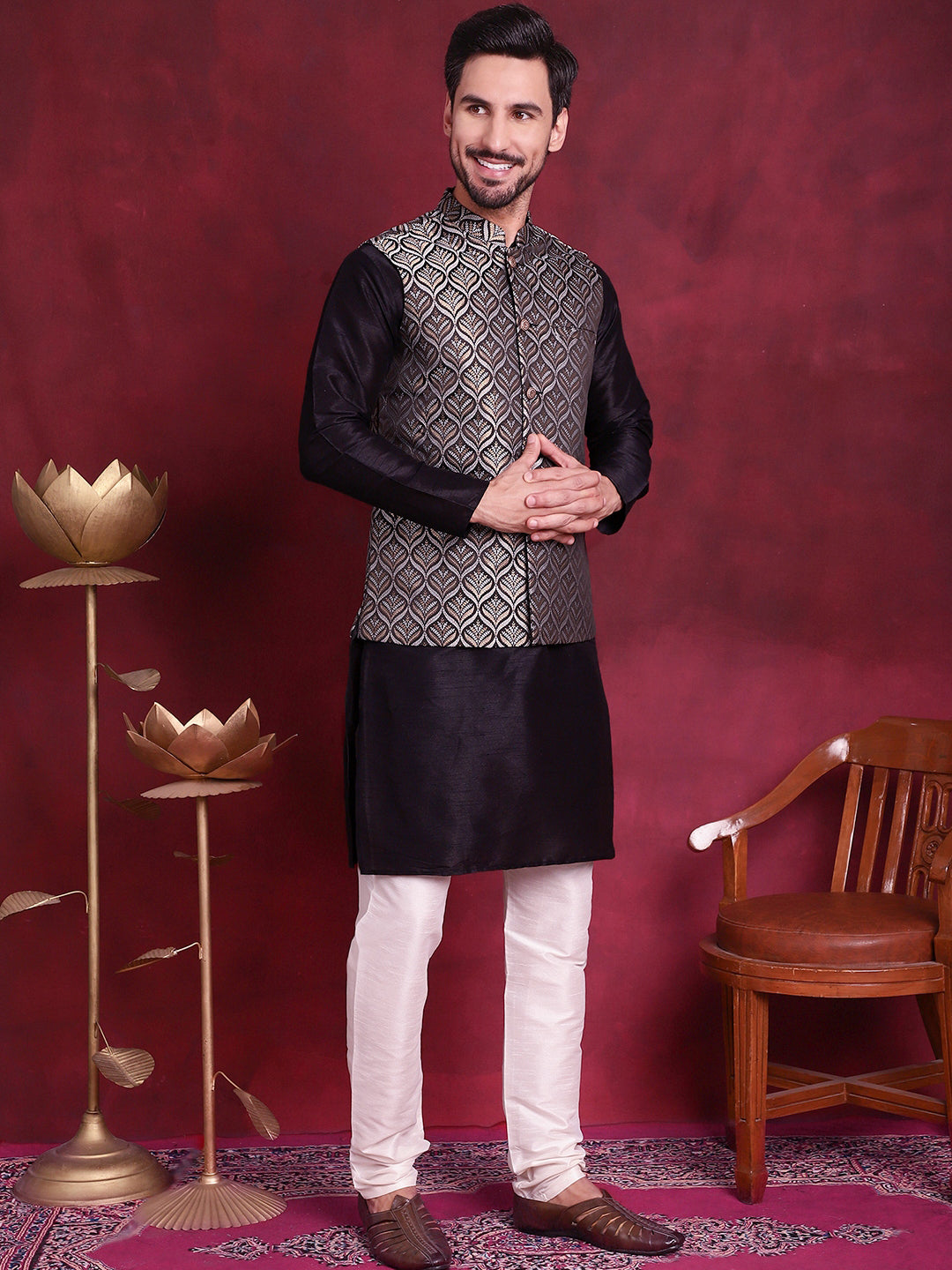 Men's Woven Design Nehru Jacket With Kurta Pyjama Set - Taantav