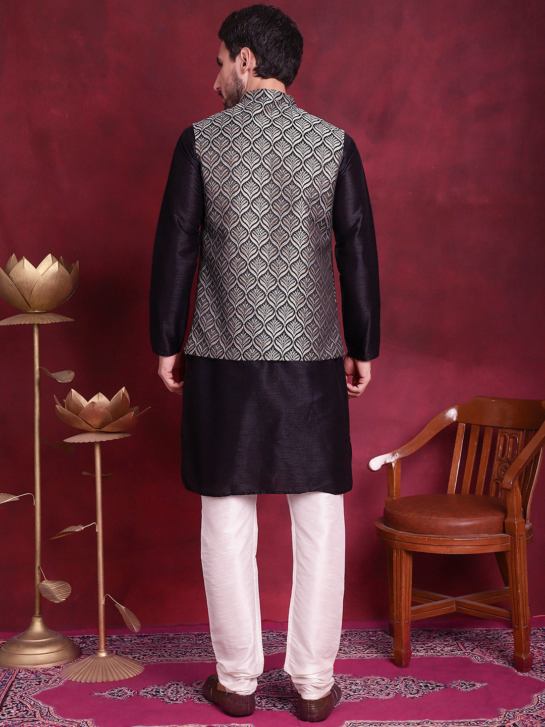 Men's Woven Design Nehru Jacket With Kurta Pyjama Set - Taantav