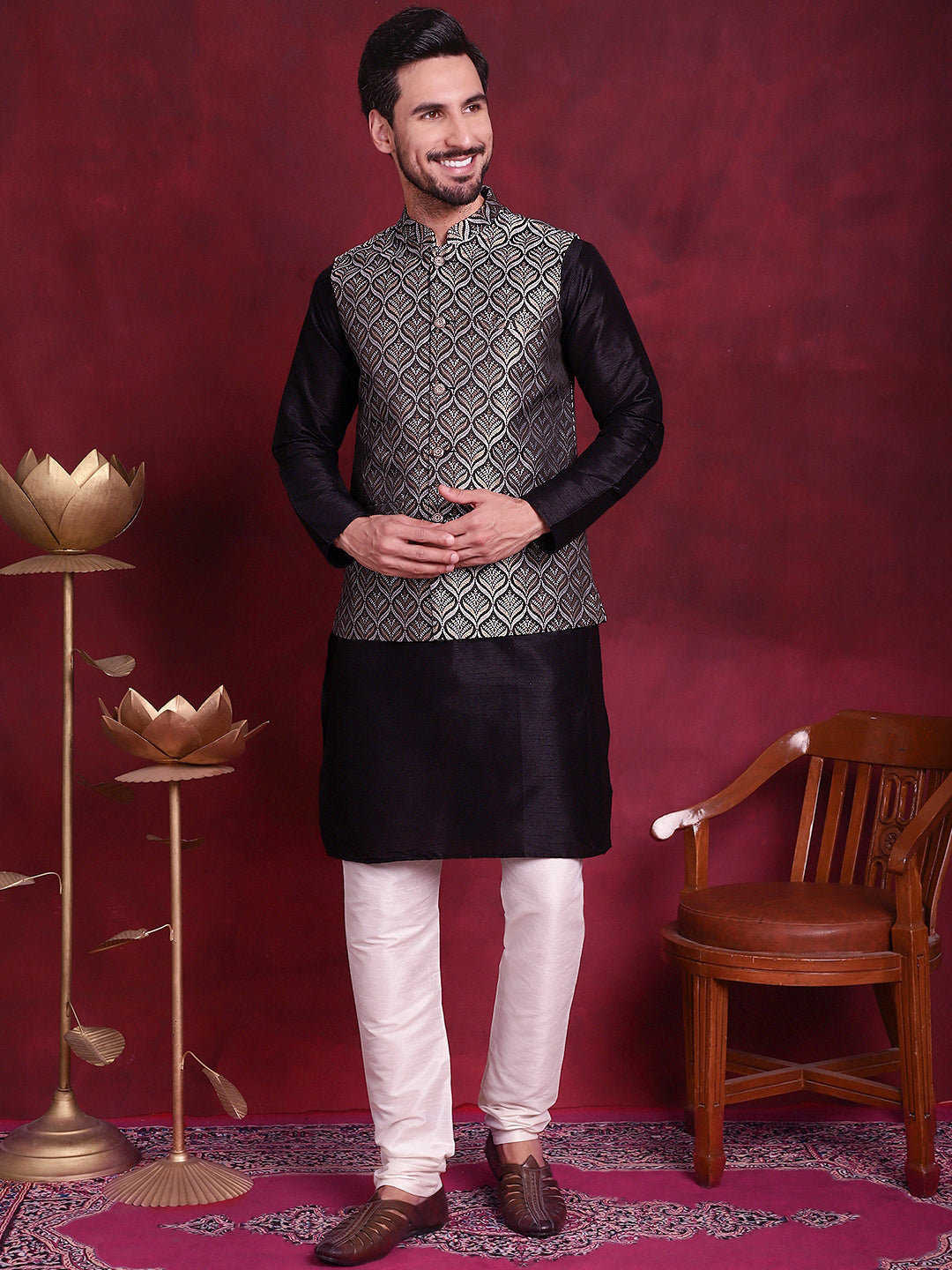 Men's Woven Design Nehru Jacket With Kurta Pyjama Set - Taantav