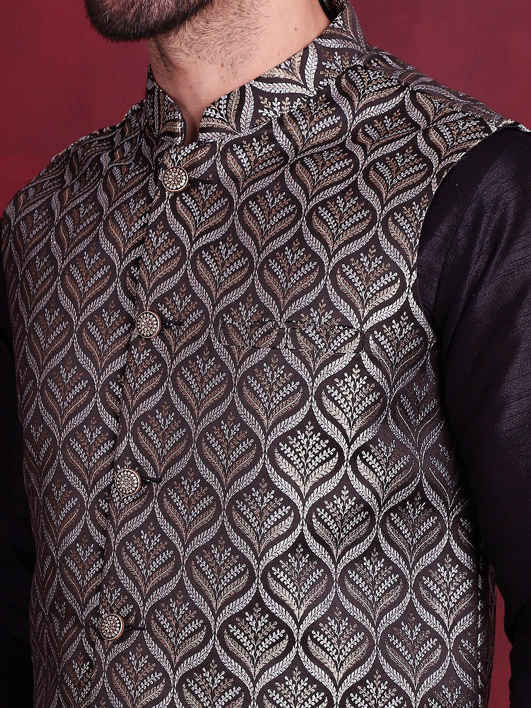 Men's Woven Design Nehru Jacket With Kurta Pyjama Set - Taantav