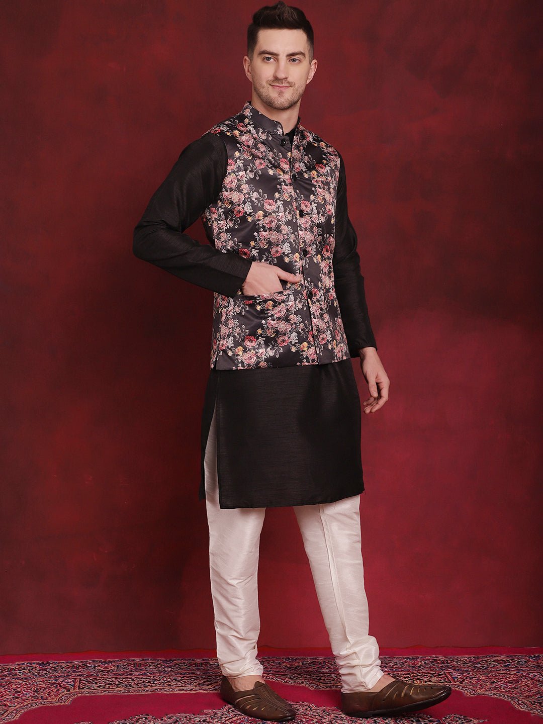 Men's Black Floral Printed Nehru Jacket With Kurta Pyjama Set - Taantav