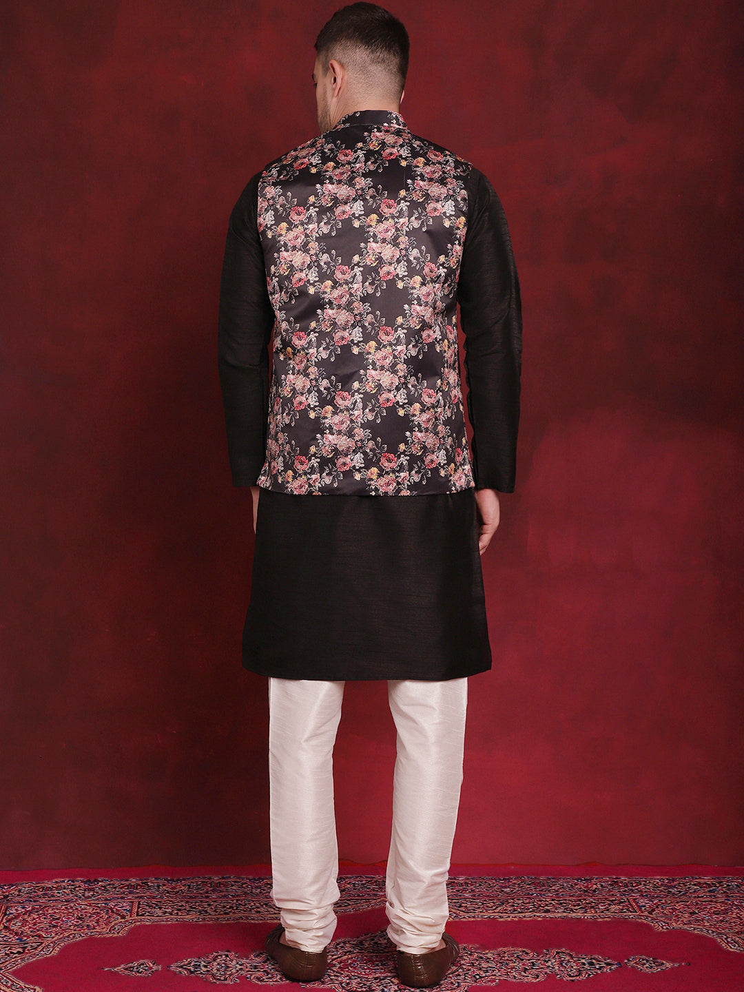 Men's Black Floral Printed Nehru Jacket With Kurta Pyjama Set - Taantav