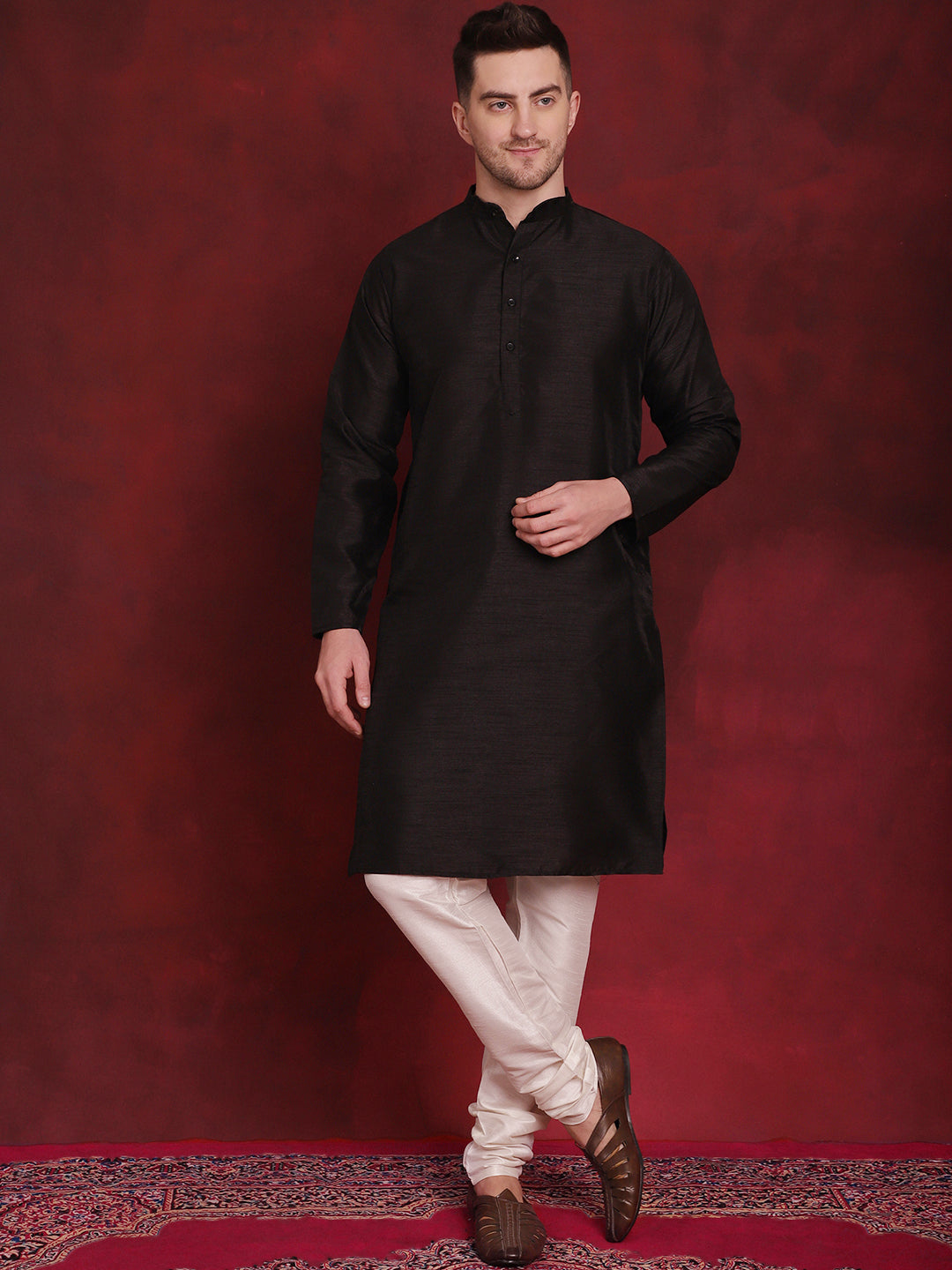 Men's Black Floral Printed Nehru Jacket With Kurta Pyjama Set - Taantav