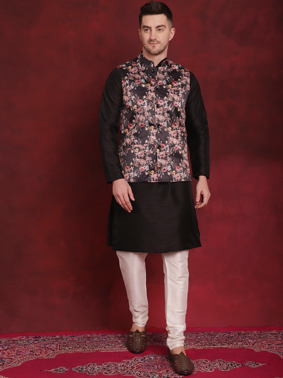 Men's Black Floral Printed Nehru Jacket With Kurta Pyjama Set - Taantav