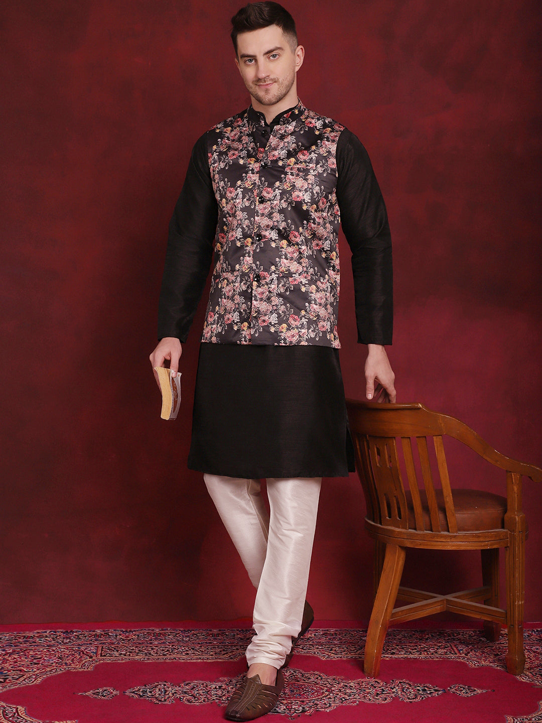 Men's Black Floral Printed Nehru Jacket With Kurta Pyjama Set - Taantav