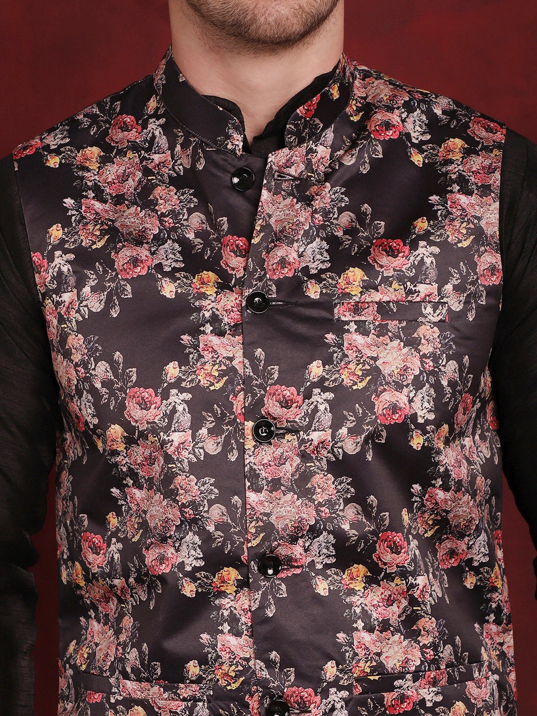 Men's Black Floral Printed Nehru Jacket With Kurta Pyjama Set - Taantav