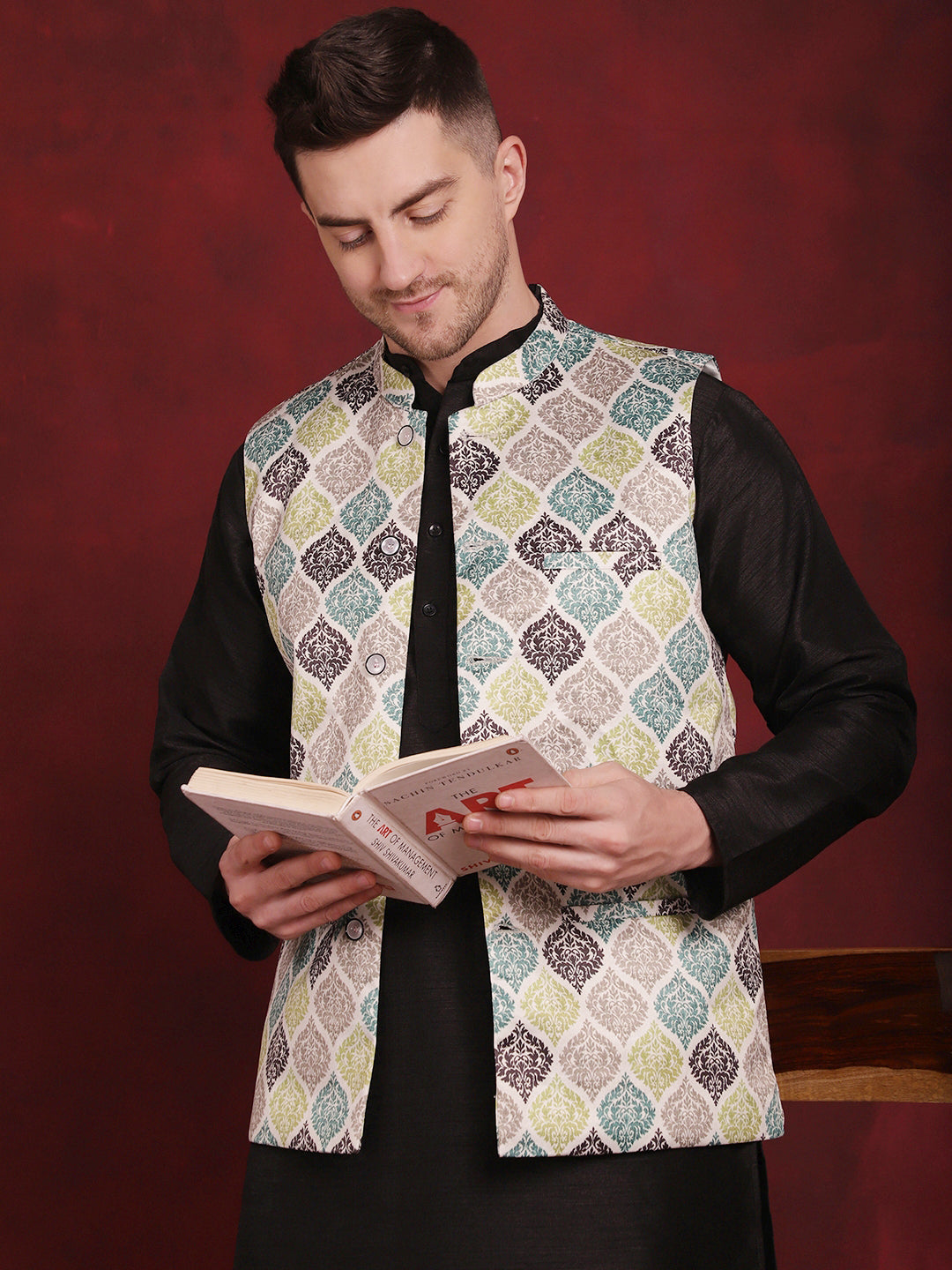 Men's Green Floral Printed Nehru Jacket With Kurta Pyjama Set - Taantav