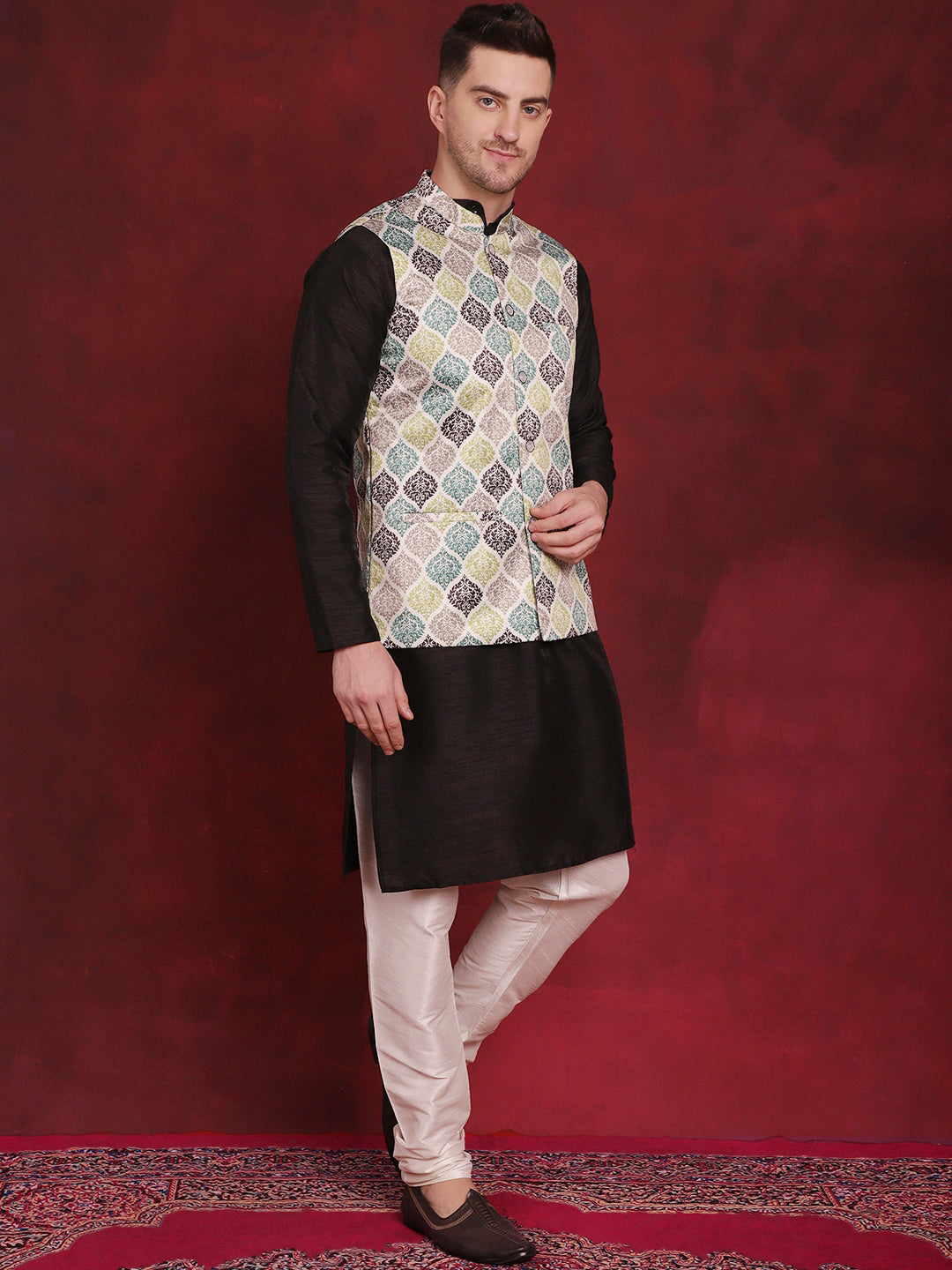 Men's Green Floral Printed Nehru Jacket With Kurta Pyjama Set - Taantav