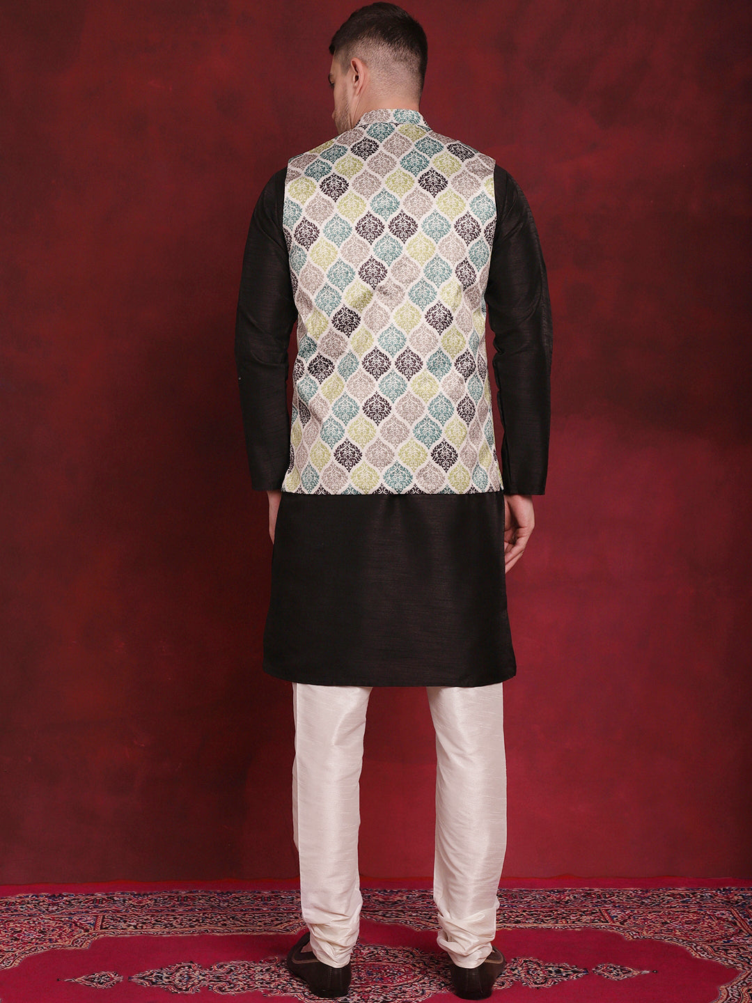 Men's Green Floral Printed Nehru Jacket With Kurta Pyjama Set - Taantav