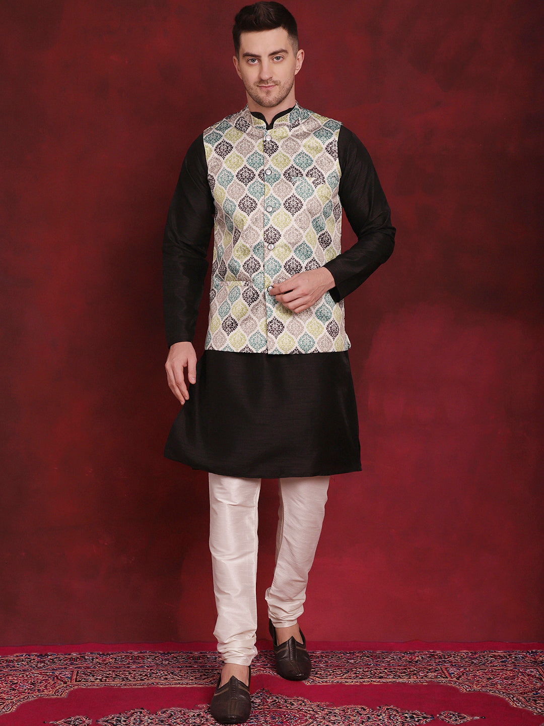 Men's Green Floral Printed Nehru Jacket With Kurta Pyjama Set - Taantav