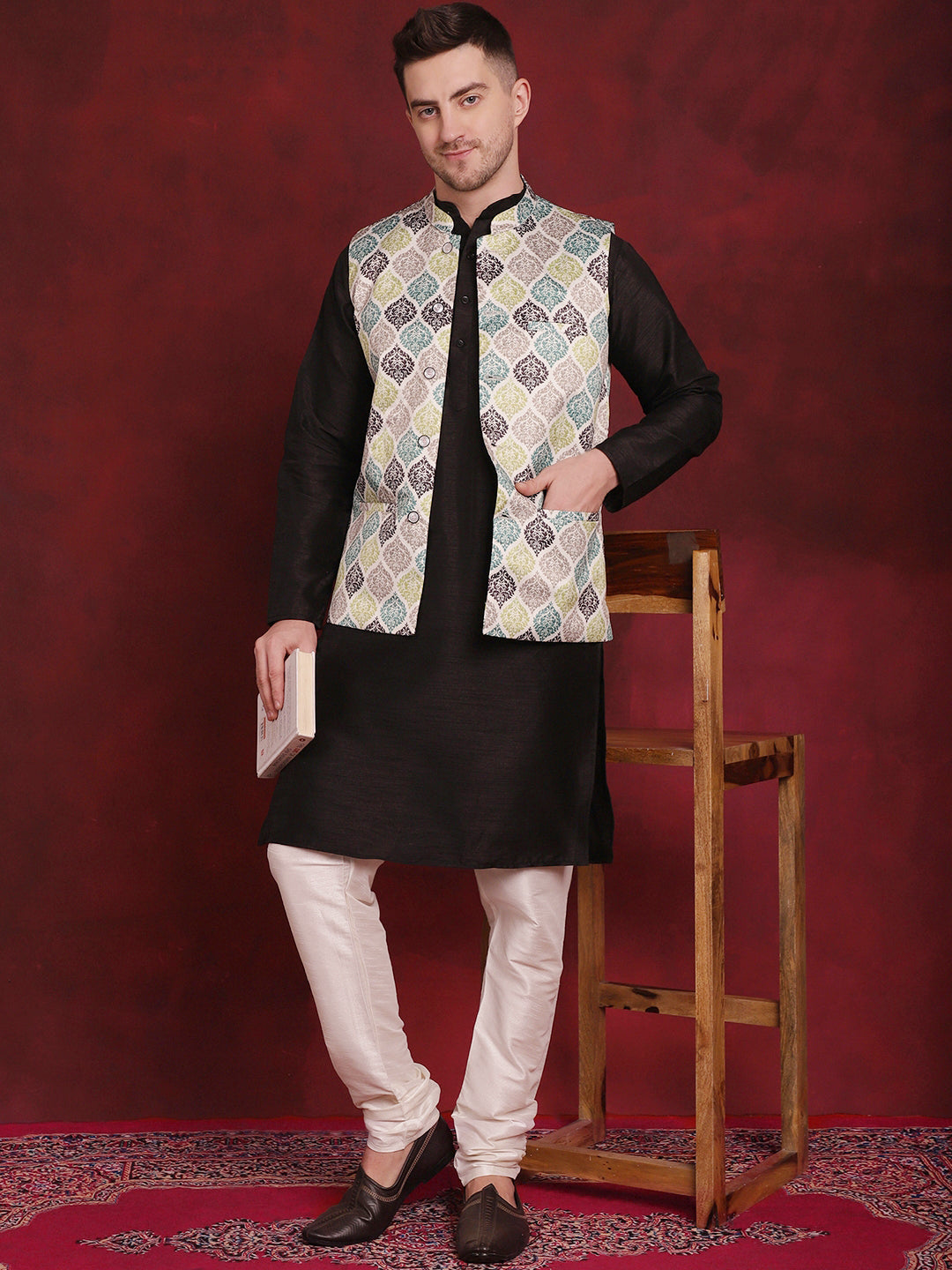 Men's Green Floral Printed Nehru Jacket With Kurta Pyjama Set - Taantav