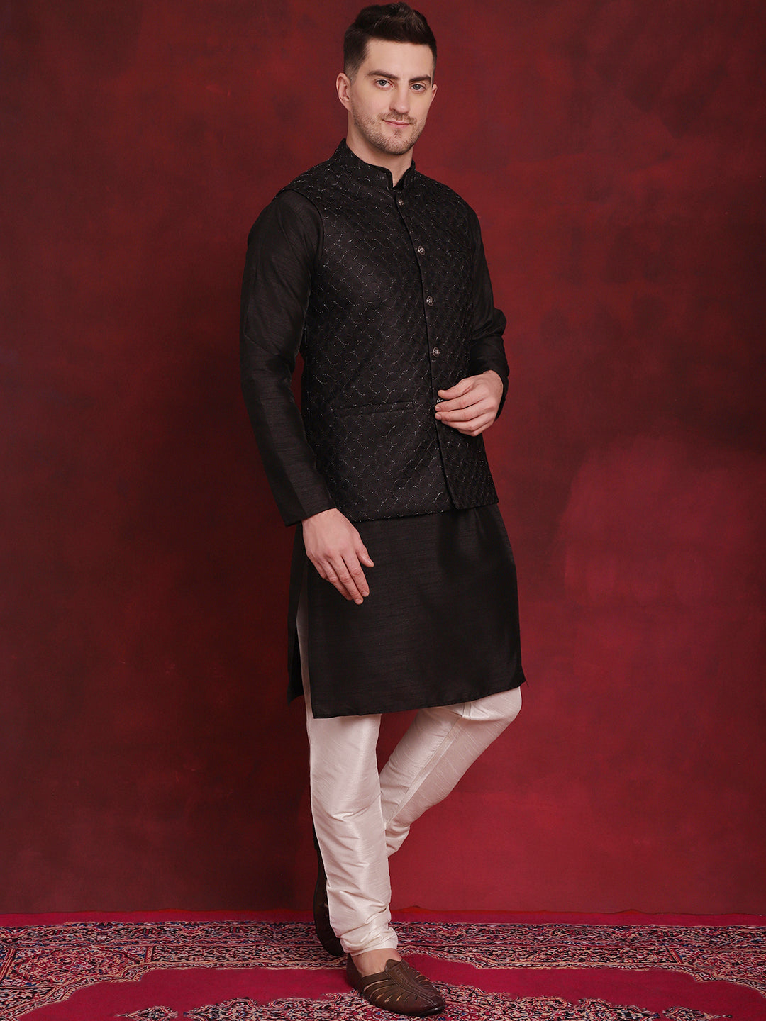 Men's Black Woven Design Nehru Jacket With Kurta Pyjama Set - Taantav