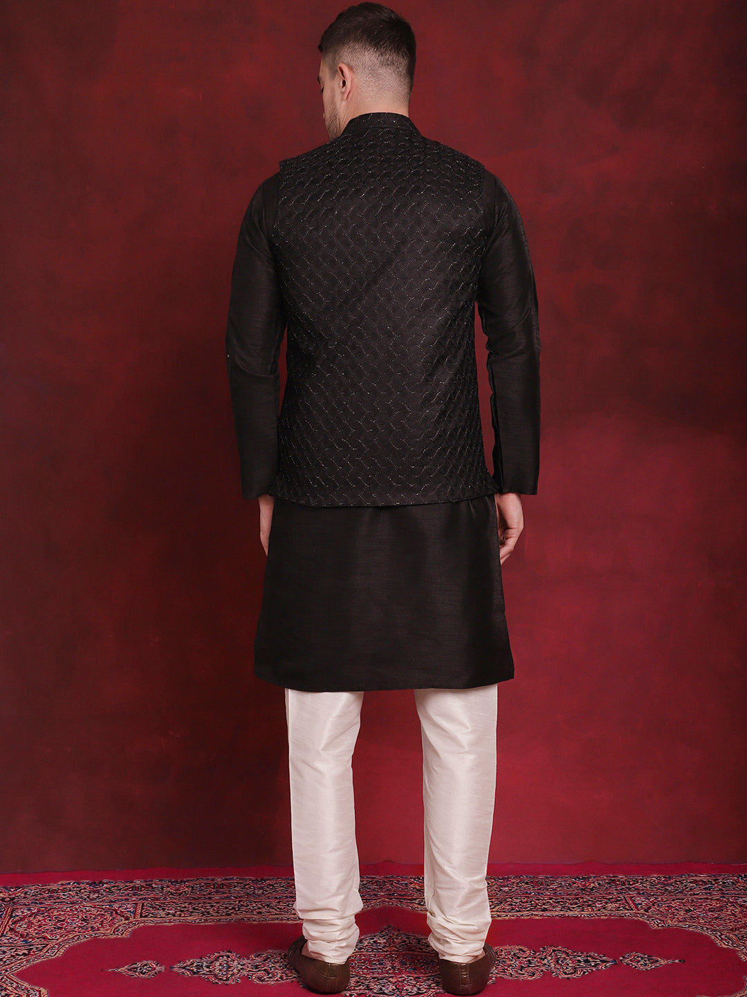 Men's Black Woven Design Nehru Jacket With Kurta Pyjama Set - Taantav