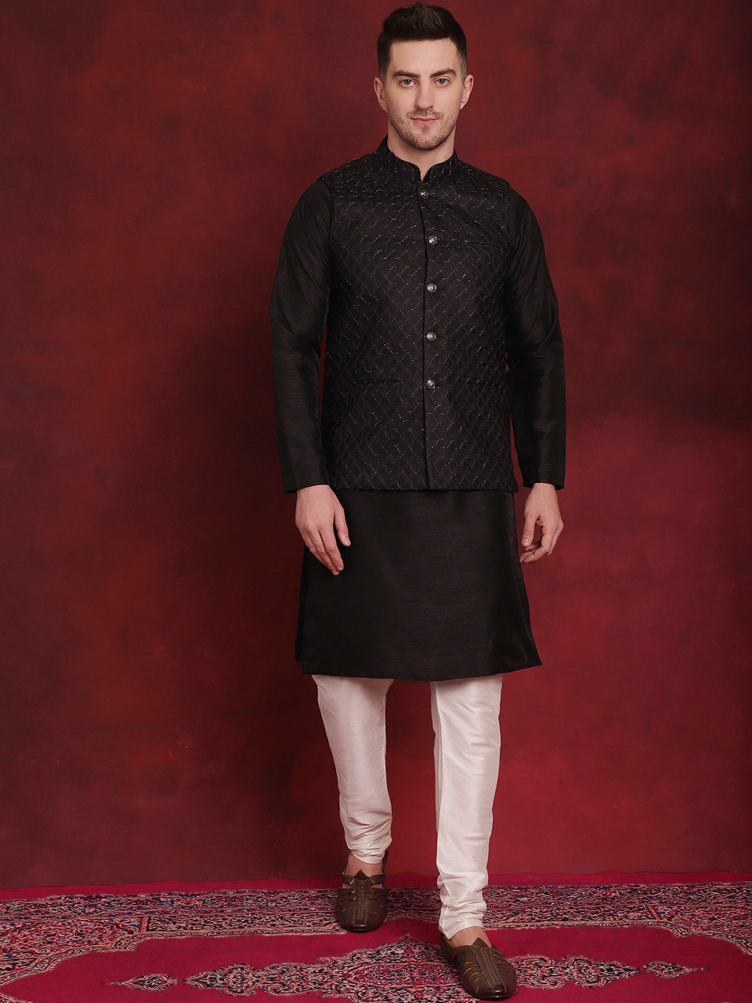 Men's Black Woven Design Nehru Jacket With Kurta Pyjama Set - Taantav