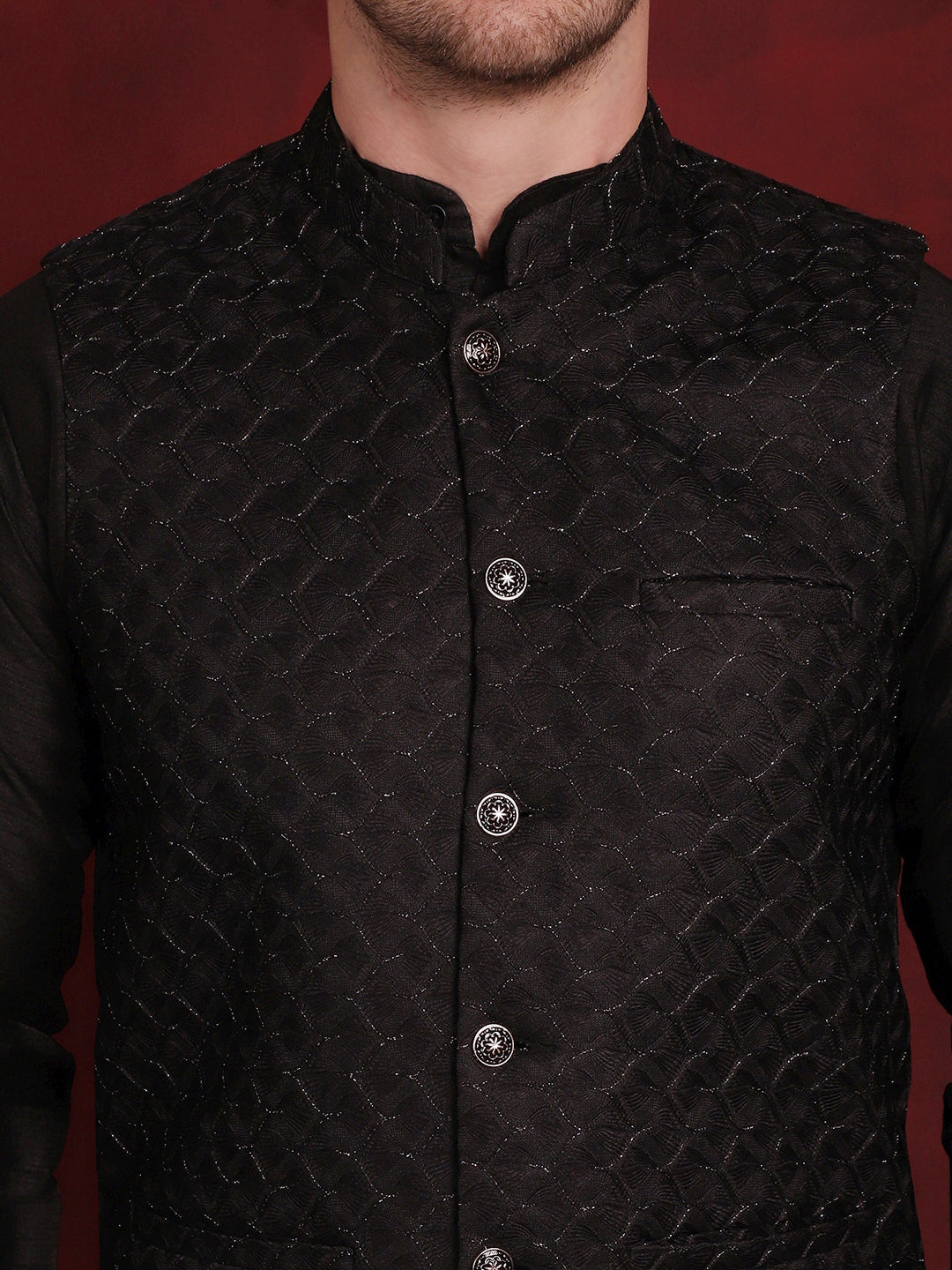 Men's Black Woven Design Nehru Jacket With Kurta Pyjama Set - Taantav