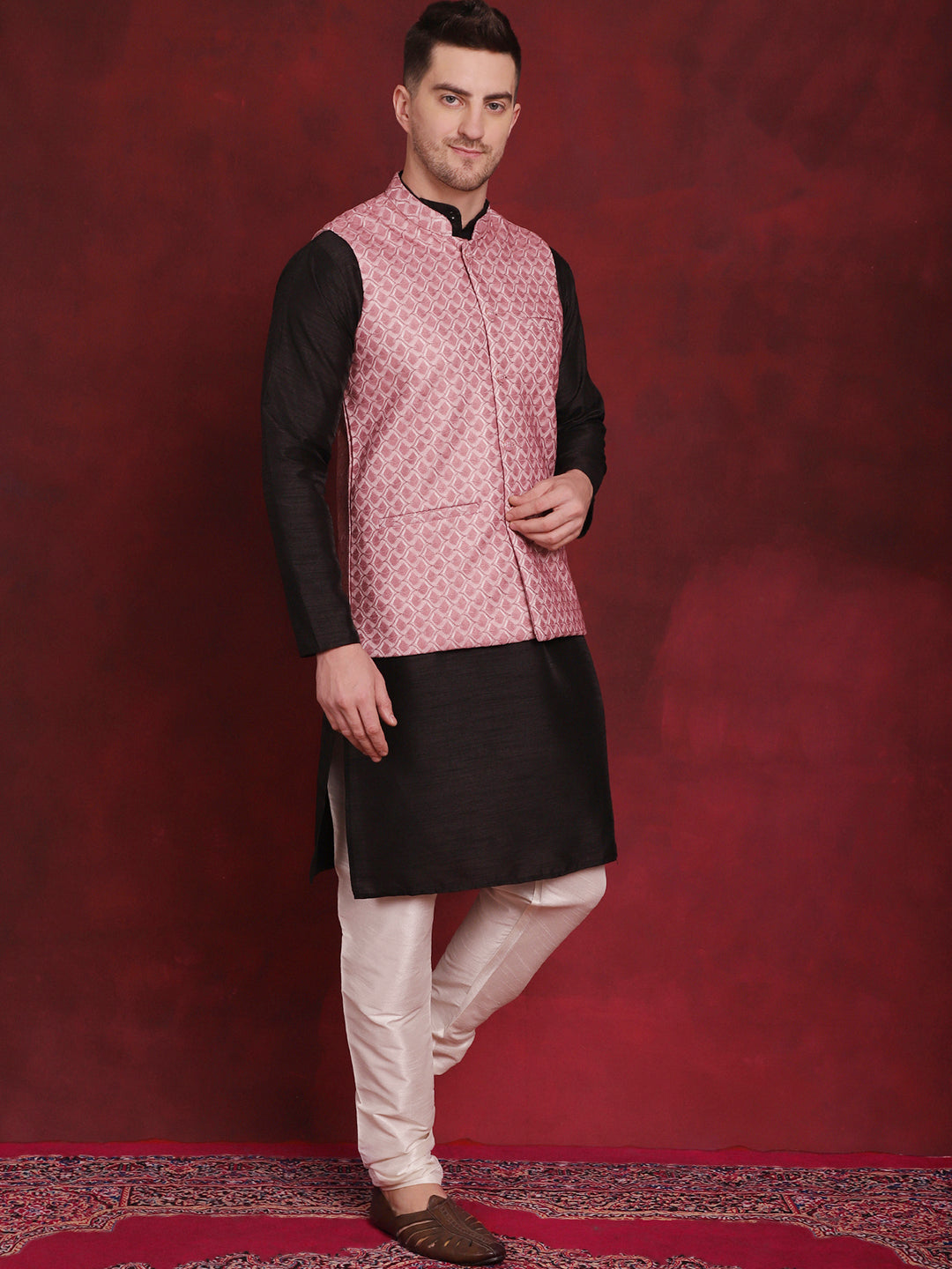 Men's Coral Woven Design Nehru Jacket With Kurta Pyjama Set - Taantav