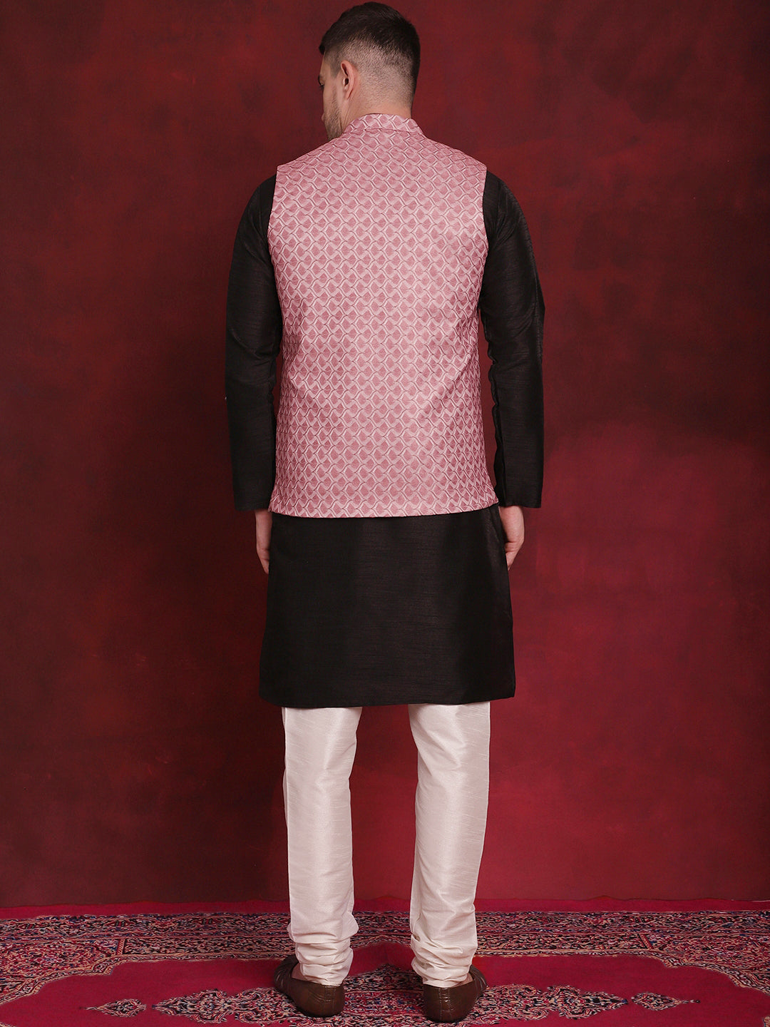 Men's Coral Woven Design Nehru Jacket With Kurta Pyjama Set - Taantav